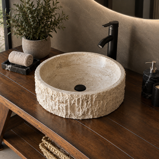 Lavabo Vessel de Travertino Redondo Hecho a Mano – Palangana de Baño de Piedra Natural, Lavabo de Tocador Rústico Moderno de Lujo