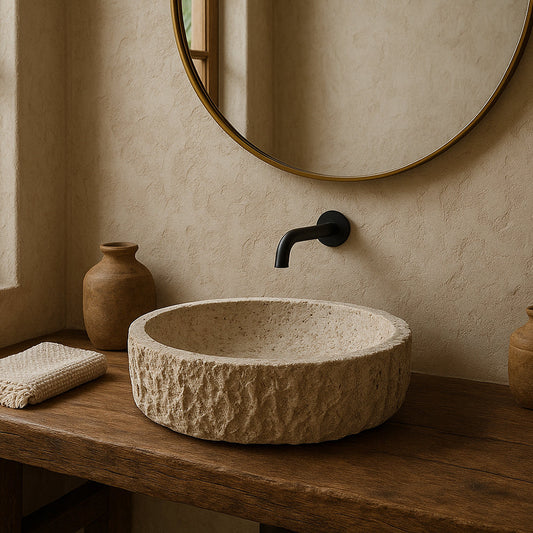 Bathroom with travertine stone sink, wooden vanity, and round mirror.
