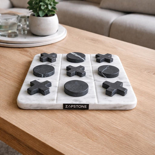 Juego de Gato (Tic Tac Toe) de Mármol | Juego de Mesa de Piedra Blanca y Negra | Decoración Moderna | Regalo de Lujo Hecho a Mano
