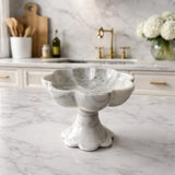 Handcrafted White Marble Pedestal Bowl – Luxury Scalloped Fruit Bowl, Kitchen Centerpiece, Stone Decor, Modern Home Accent