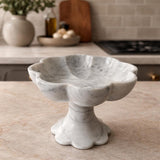 Handcrafted White Marble Pedestal Bowl – Luxury Scalloped Fruit Bowl, Kitchen Centerpiece, Stone Decor, Modern Home Accent