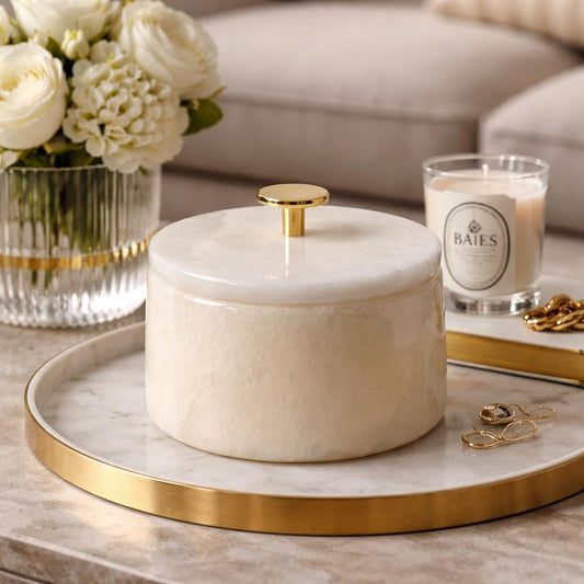 Frasco de Almacenamiento de Ónix Blanco con Tapa, Contenedor de Lujo para Tocador, Perilla Dorada, Decoración Elegante de Baño