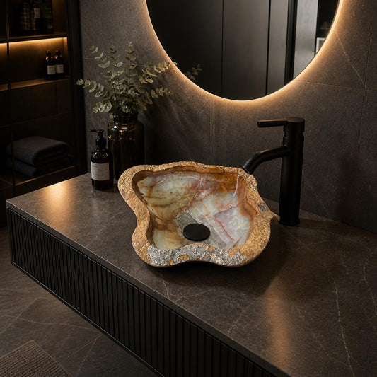 Lavabo de Ónix Verde, Lavabo de Ónix Natural Hecho a Mano, Lavabo Moderno de Lujo, Lavabo de Mármol Único, Decoración de Baño de Alta Gama