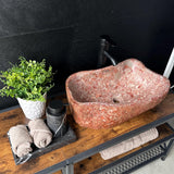 Lavabo de Piedra de Río Rojo, Lavabo de Piedra Natural Hecho a Mano, Lavabo de Lujo, Lavabo Rústico Moderno, Decoración Única (Pieza III)