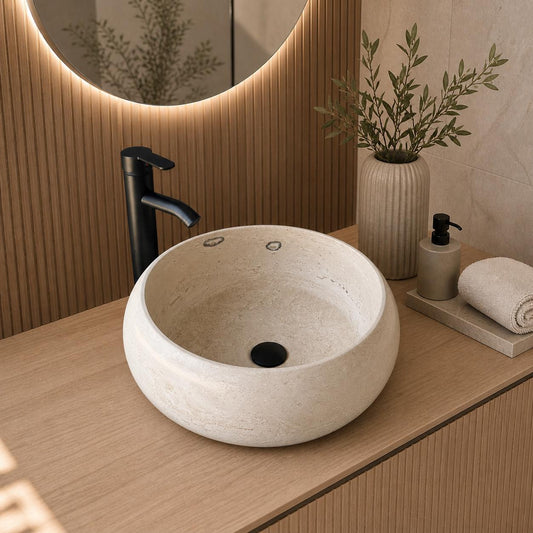 Lavabo Redondo de Travertino, Lavabo de Piedra Natural Hecho a Mano, Lavabo Moderno de Lujo, Lavabo Artesanal Único
