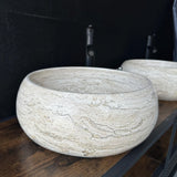 Set de Lavabos Redondos de Travertino, Par de Lavabos a Juego de Piedra Natural, Lavabo Moderno de Lujo, Lavabo de Piedra Único