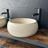Set de Lavabos Redondos de Travertino, Par de Lavabos a Juego de Piedra Natural, Lavabo Moderno de Lujo, Lavabo de Piedra Único