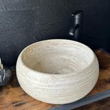 Set de Lavabos Redondos de Travertino, Par de Lavabos a Juego de Piedra Natural, Lavabo Moderno de Lujo, Lavabo de Piedra Único