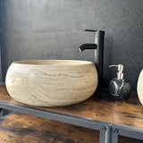 Set de Lavabos Redondos de Travertino, Par de Lavabos a Juego de Piedra Natural, Lavabo Moderno de Lujo, Lavabo de Piedra Único