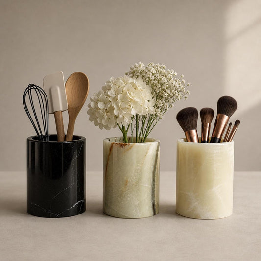 Set de Portaobjetos de Piedra Natural, Vaso de Ónix y Mármol, Portabrochas, Portautensilios, Portacepillos, Portalápices, Florero Pequeño