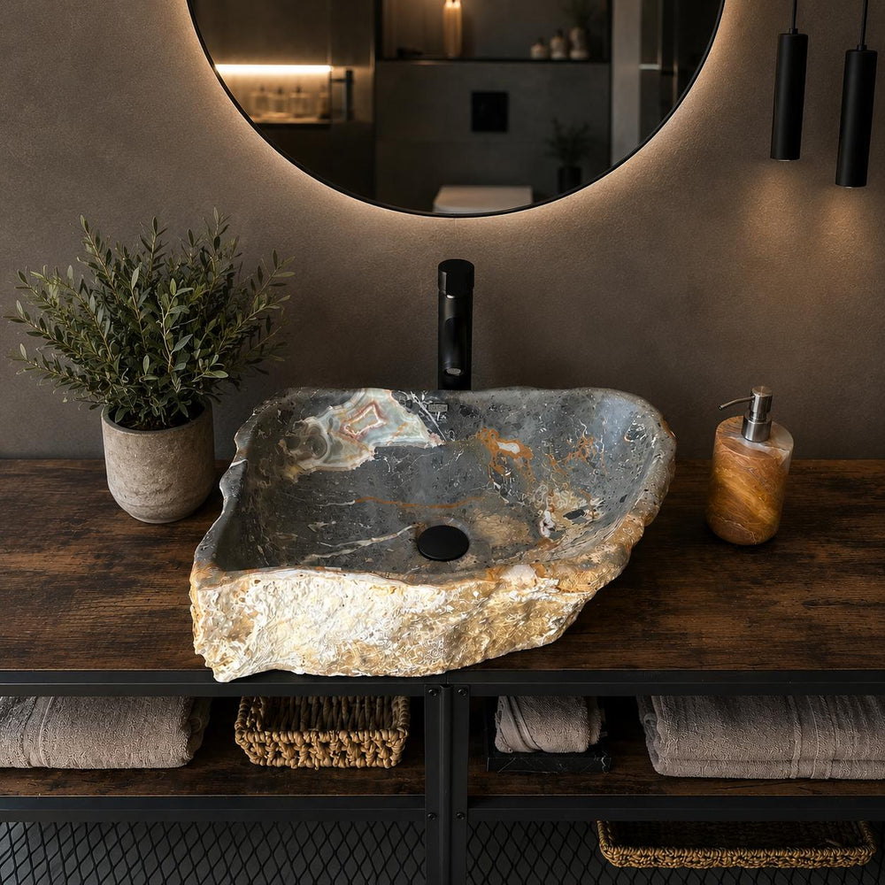 Green Onyx Bathroom Vessel Sink | Luxury Sink | One-of-a-Kind Hand Carved Onyx Vessel Sink – Natural Stone Bathroom Sink