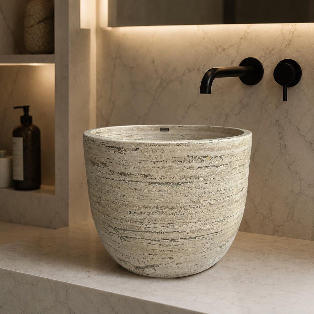 XL Beige Travertine Vessel Sink – Natural Stone Round Bathroom Sink – Luxury Spa Style Countertop Basin – Modern Organic Marble Vanity Sink