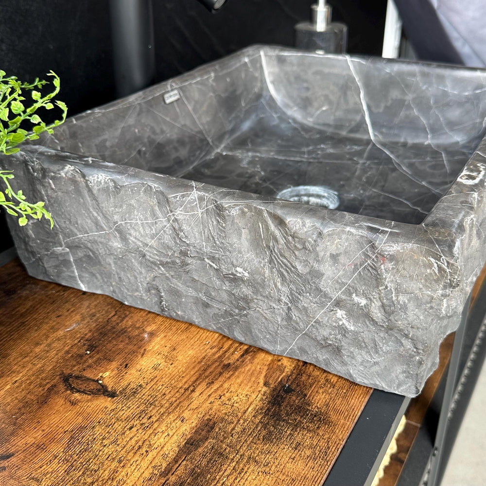 Black Rustic Marble Vessel Sink | Rectangular Handcrafted Natural Stone Bathroom Sink | Luxury Modern Marble Bowl Basin