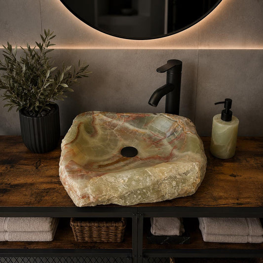Lavabo Rústico de Ónix, Lavabo de Piedra Natural Hecho a Mano, Lavabo Moderno de Lujo, Decoración Única de Alta Gama