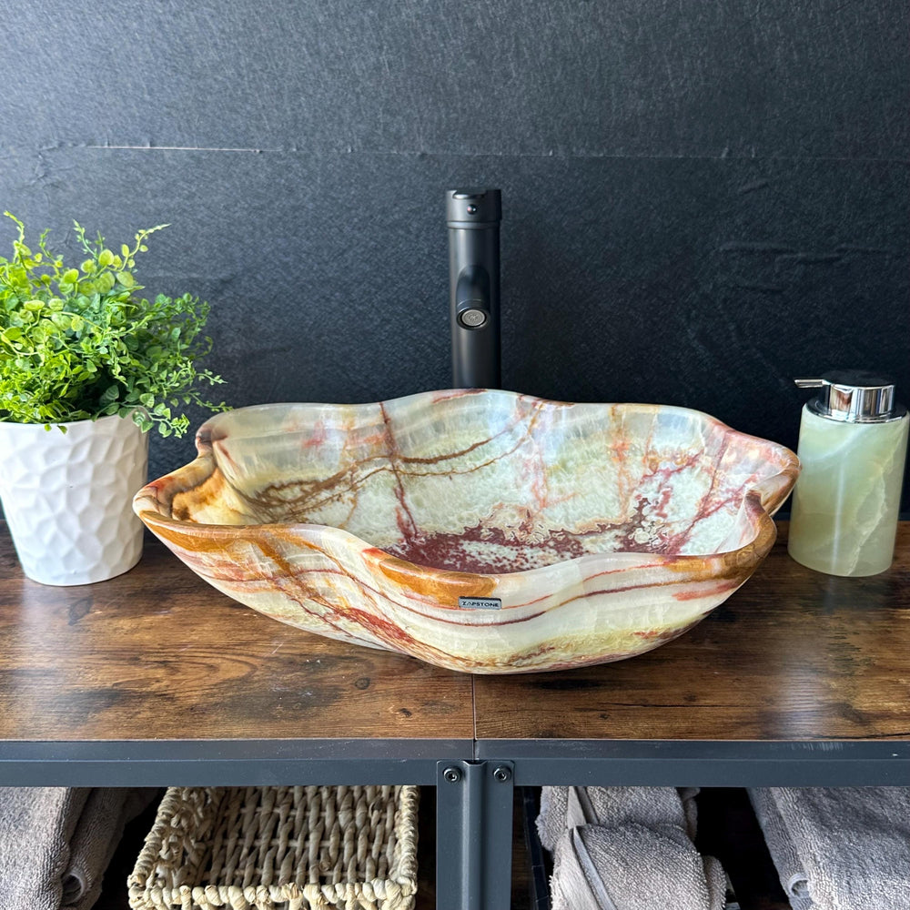 Green Onyx Stone Sink | Natural Stone Vessel Sink | Modern Irregular Handmade Onyx Basin | Luxury Vanity Top Bowl Sink