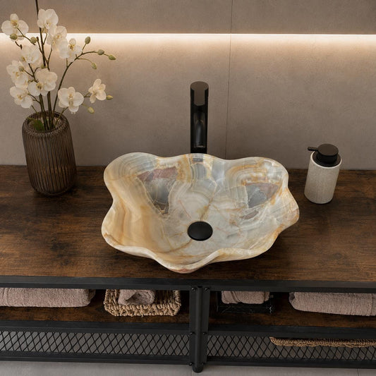 Lavabo de Ónix de Lujo, Lavabo de Piedra Natural Hecho a Mano, Lavabo Moderno para Baño, Lavabo Escultural, Borde Ondulado Translúcido