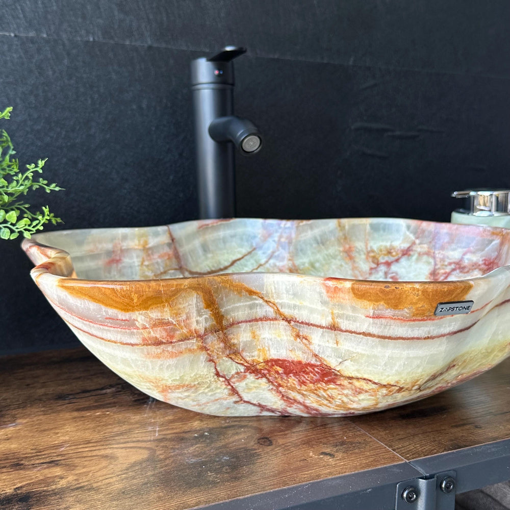 Green Onyx Stone Sink | Natural Stone Vessel Sink | Modern Irregular Handmade Onyx Basin | Luxury Vanity Top Bowl Sink