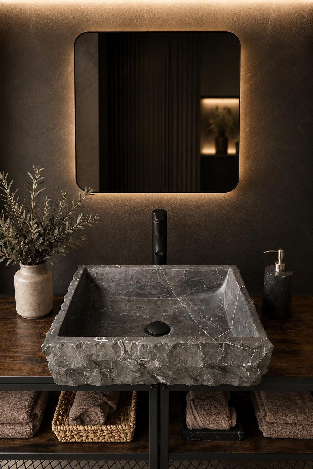 Black Rustic Marble Vessel Sink | Rectangular Handcrafted Natural Stone Bathroom Sink | Luxury Modern Marble Bowl Basin