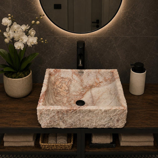 Lavabo Rústico Cuadrado | Lavabo de Baño de Piedra Natural Rosa y Blanca | Lavabo Artesanal para Tocador | Lujo