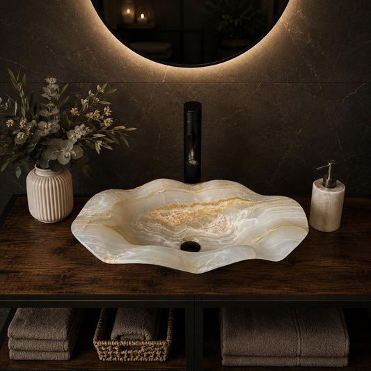 Lavabo de Ónix de Lujo, Lavabo de Piedra Natural Hecho a Mano, Lavabo Moderno para Baño, Lavabo Escultural, Borde Ondulado Translúcido (Pieza II)
