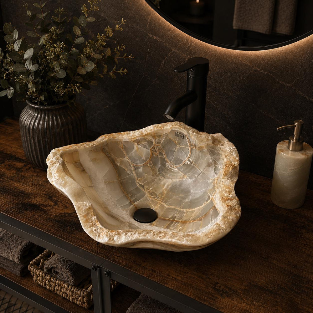 Beige Onyx Sink, Handmade Natural Stone Vessel Sink, Modern Bathroom Vanity Basin, Sculptural Sink, Luxury Translucent Live Wavy Edge Sink
