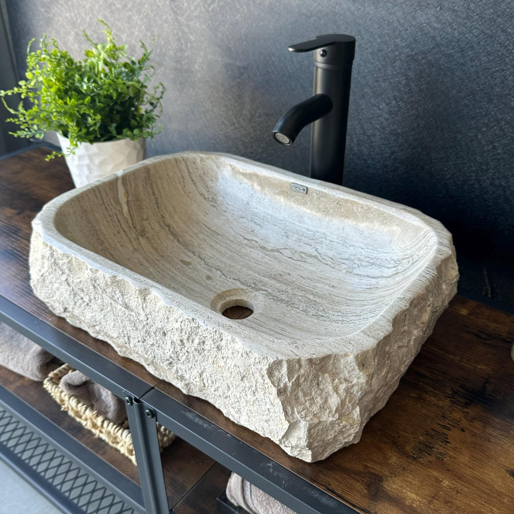 Rustic Travertine Stone Vessel Sink | Natural Rock Bathroom Sink | Handmade Modern Vanity Basin | One of a Kind Stone Sink | Wabi Sabi