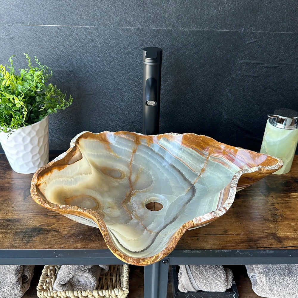 Green Onyx Bathroom Vessel Sink | Live Edge Luxury Sink | One-of-a-Kind Hand Carved Onyx Bowl Sink – Natural Stone Bathroom Basin