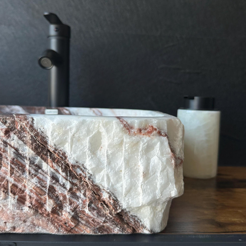 Rustic Squared Onyx Vessel Sink | Rare Natural Stone Bathroom Sink | Handmade Vanity Sink | Luxury