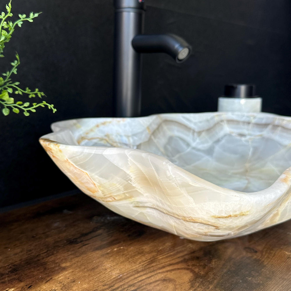 Beige Onyx Sink, Handmade Natural Stone Vessel Sink, Modern Bathroom Vanity Basin, Sculptural Marble Sink, Translucent Wavy Edge