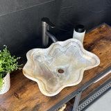 Beige Onyx Sink, Handmade Natural Stone Vessel Sink, Modern Bathroom Vanity Basin, Sculptural Marble Sink, Translucent Wavy Edge