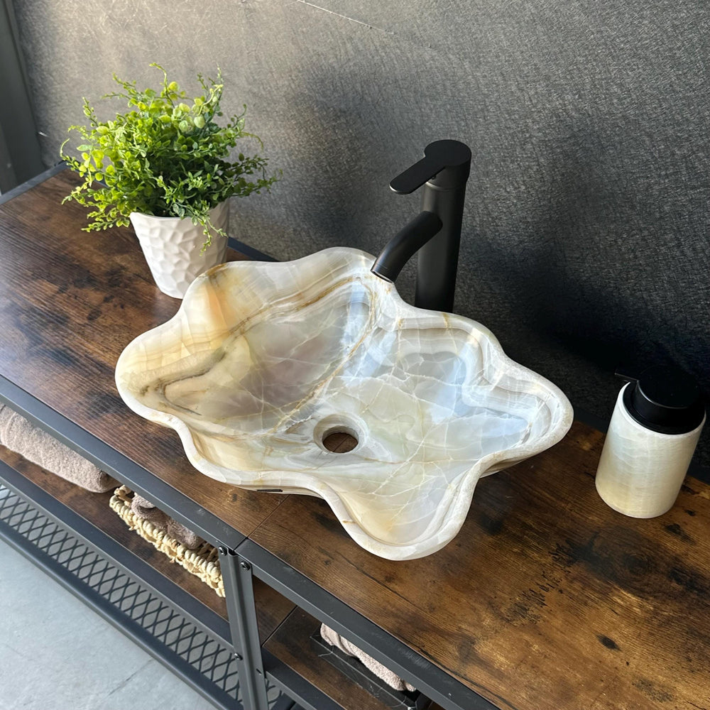 Beige Onyx Sink, Handmade Natural Stone Vessel Sink, Modern Bathroom Vanity Basin, Sculptural Marble Sink, Translucent Wavy Edge