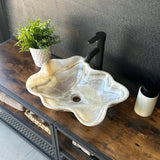 Beige Onyx Sink, Handmade Natural Stone Vessel Sink, Modern Bathroom Vanity Basin, Sculptural Marble Sink, Translucent Wavy Edge
