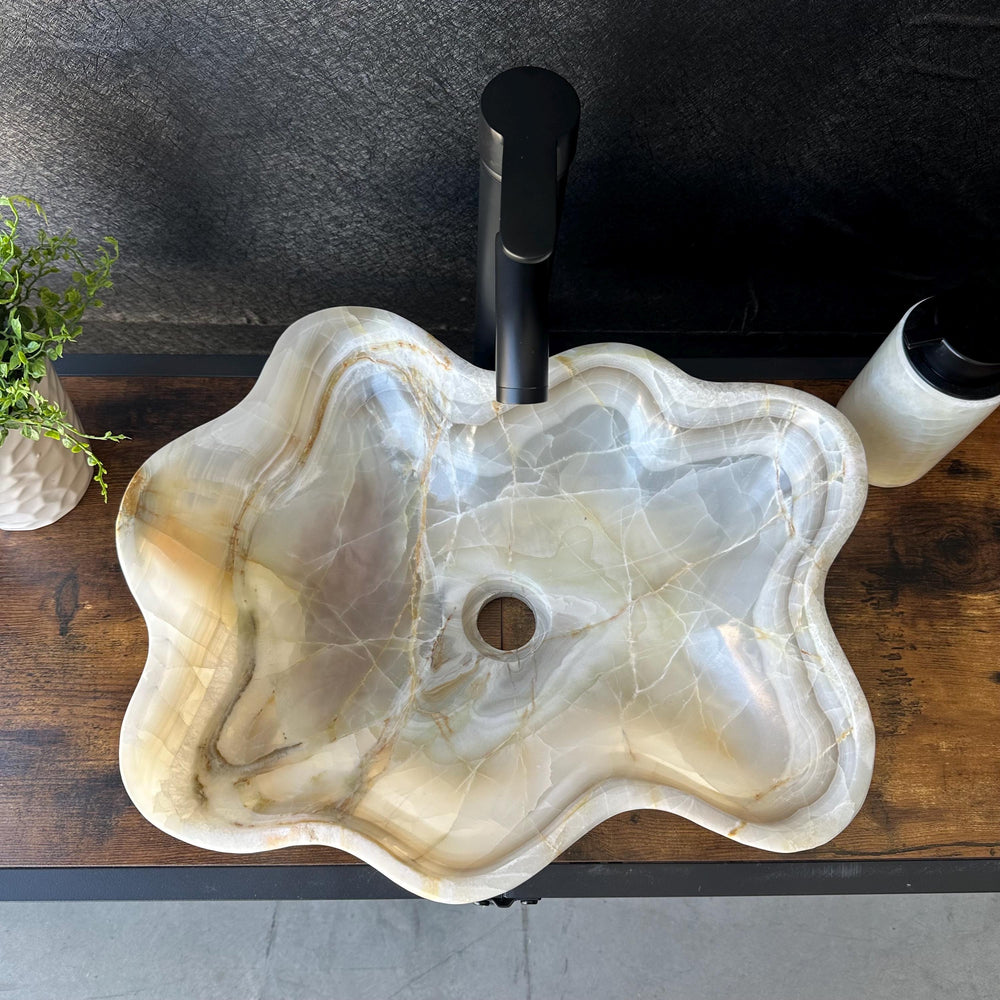Beige Onyx Sink, Handmade Natural Stone Vessel Sink, Modern Bathroom Vanity Basin, Sculptural Marble Sink, Translucent Wavy Edge