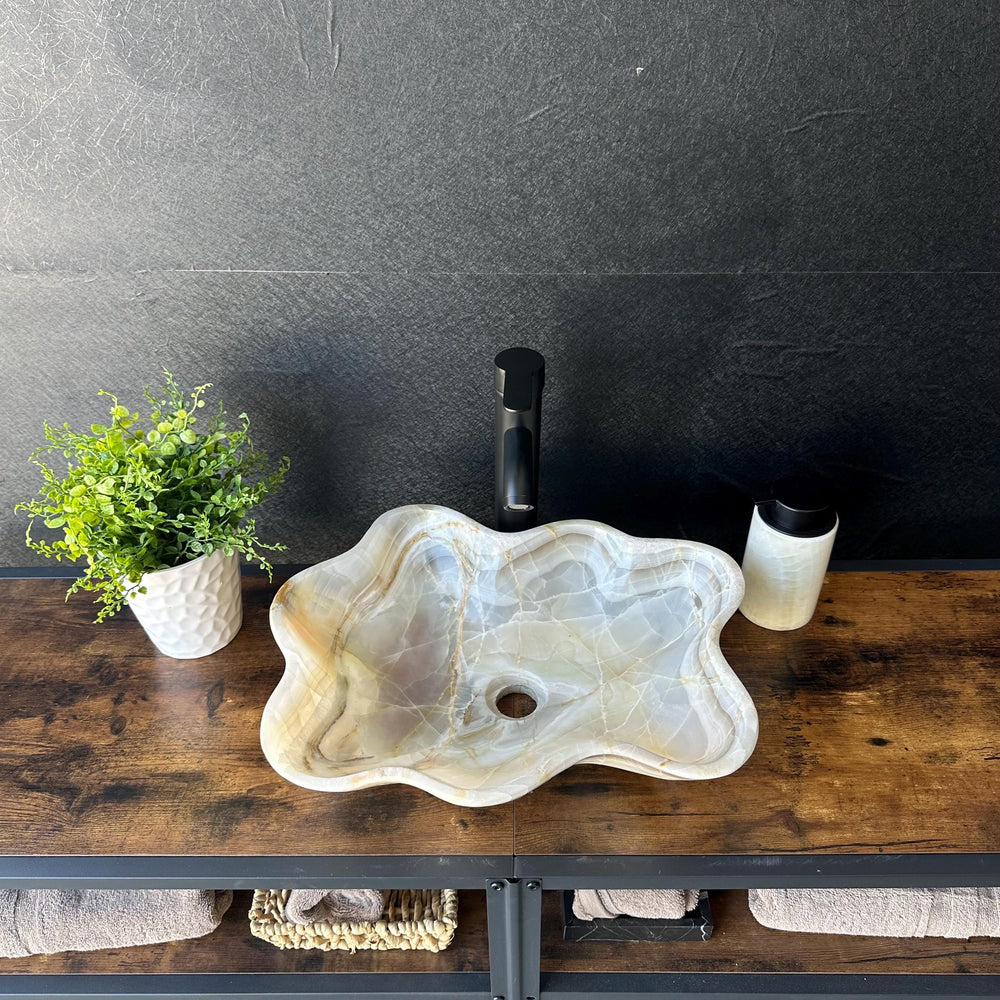Beige Onyx Sink, Handmade Natural Stone Vessel Sink, Modern Bathroom Vanity Basin, Sculptural Marble Sink, Translucent Wavy Edge