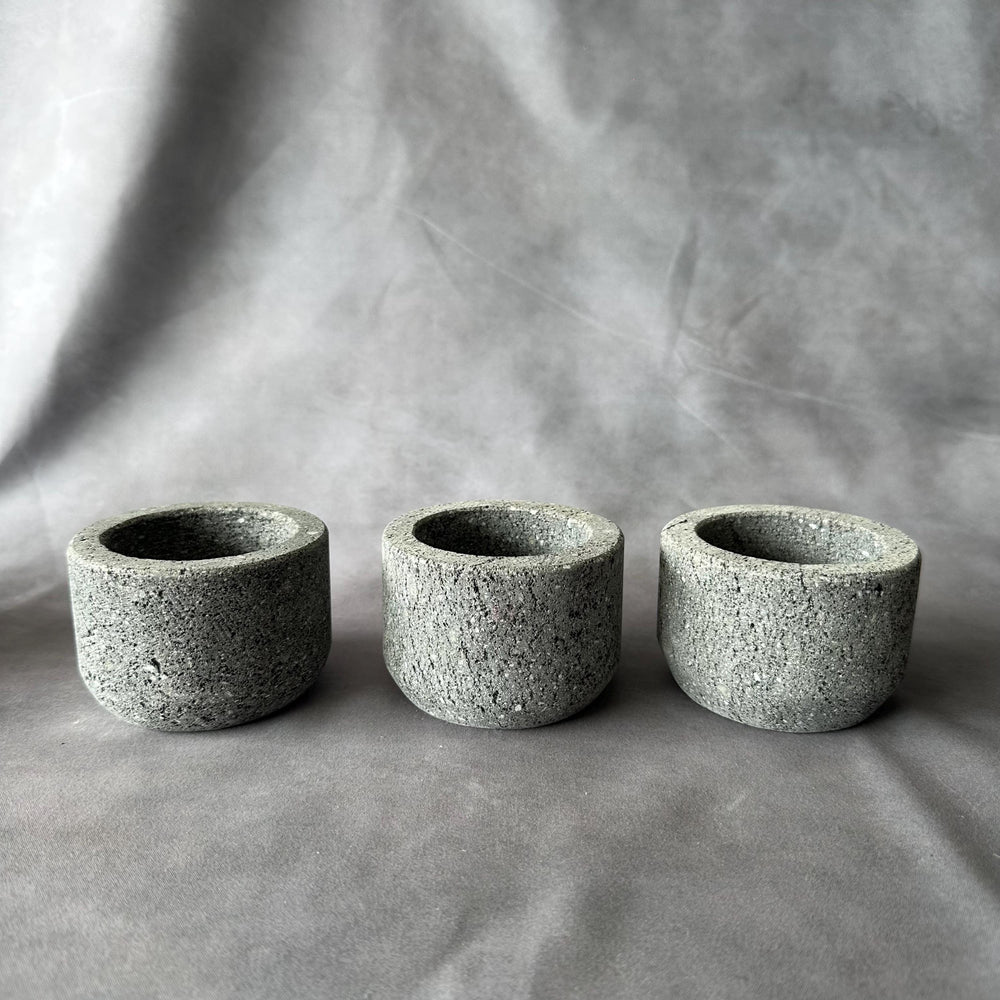 Set of 3 Volcanic Stone Salsa Set with Wooden Spoons and Marble Tray - Handmade Serving Set Natural Stone