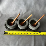 Set of 3 Volcanic Stone Salsa Set with Wooden Spoons and Marble Tray - Handmade Serving Set Natural Stone