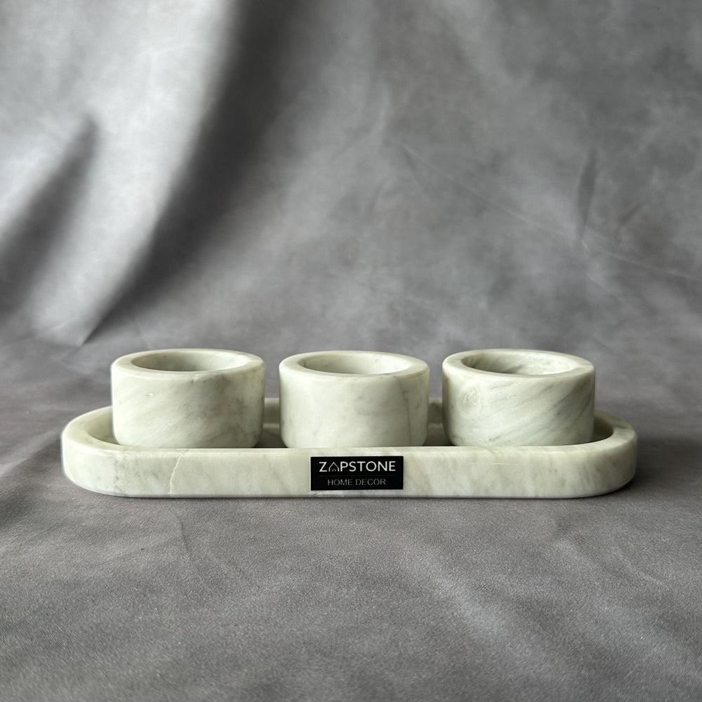 Set of 3 White Marble Natural Stone Salsa Set and Marble Tray - Handmade Serving Set Natural Stone