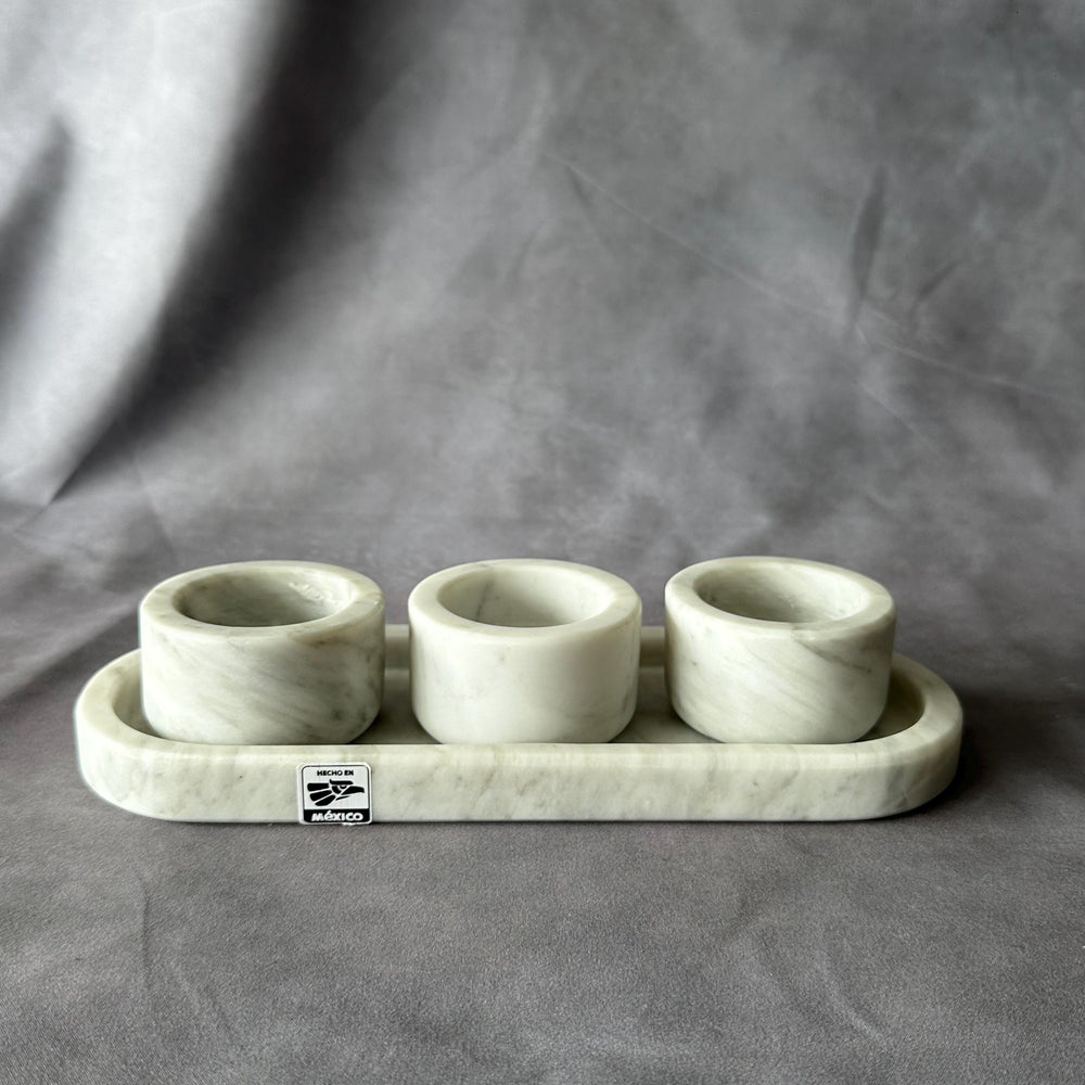 Set of 3 White Marble Natural Stone Salsa Set and Marble Tray - Handmade Serving Set Natural Stone