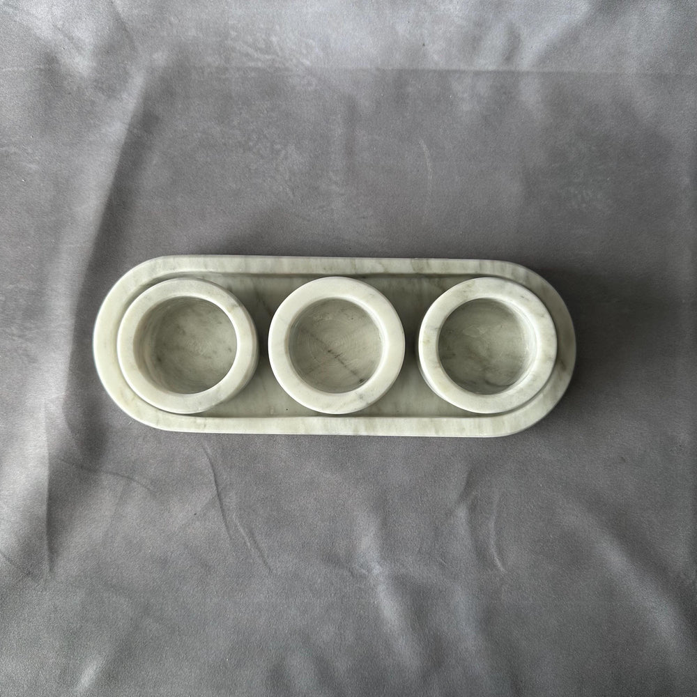 Set of 3 White Marble Natural Stone Salsa Set and Marble Tray - Handmade Serving Set Natural Stone