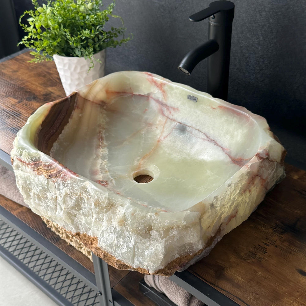 Rustic Green Onyx Bathroom Vessel Sink | Luxury Sink | Unique Hand Carved Onyx Vanity Sink – Natural Stone Bathroom Sink