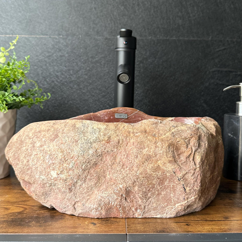 Red River Stone Vessel Sink | Handmade Natural Stone Basin | Raw Stone Over the Counter Sink | Rustic Modern Bathroom