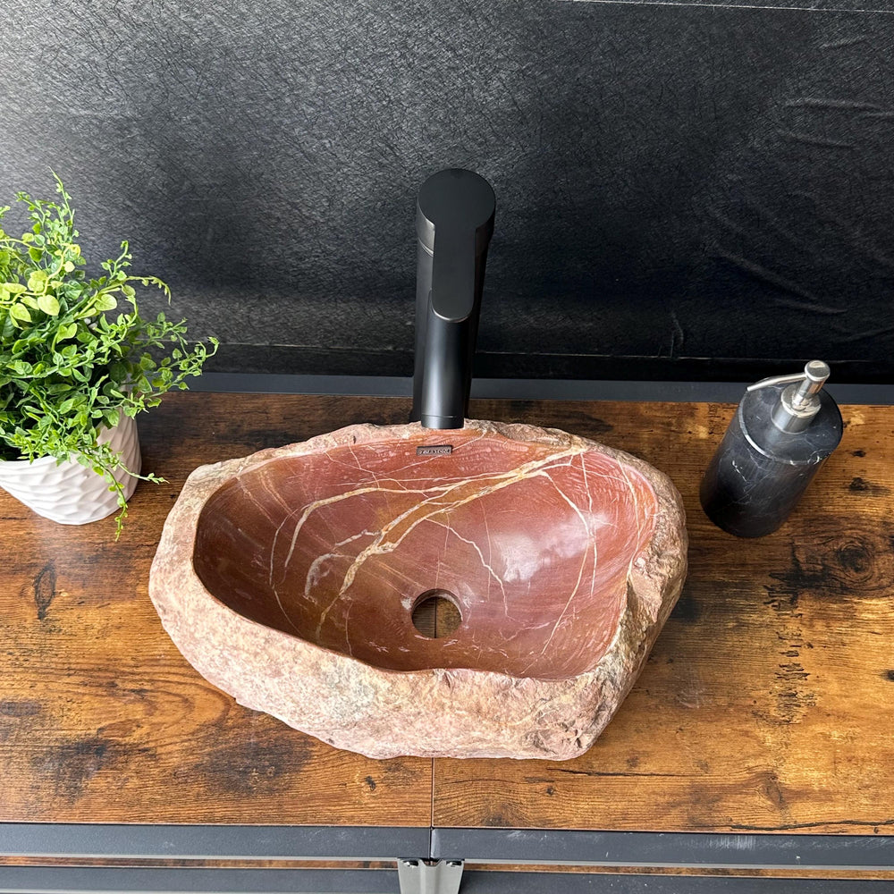 Red River Stone Vessel Sink | Handmade Natural Stone Basin | Raw Stone Over the Counter Sink | Rustic Modern Bathroom