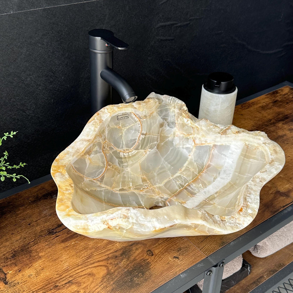 Beige Onyx Sink, Handmade Natural Stone Vessel Sink, Modern Bathroom Vanity Basin, Sculptural Sink, Luxury Translucent Live Wavy Edge Sink