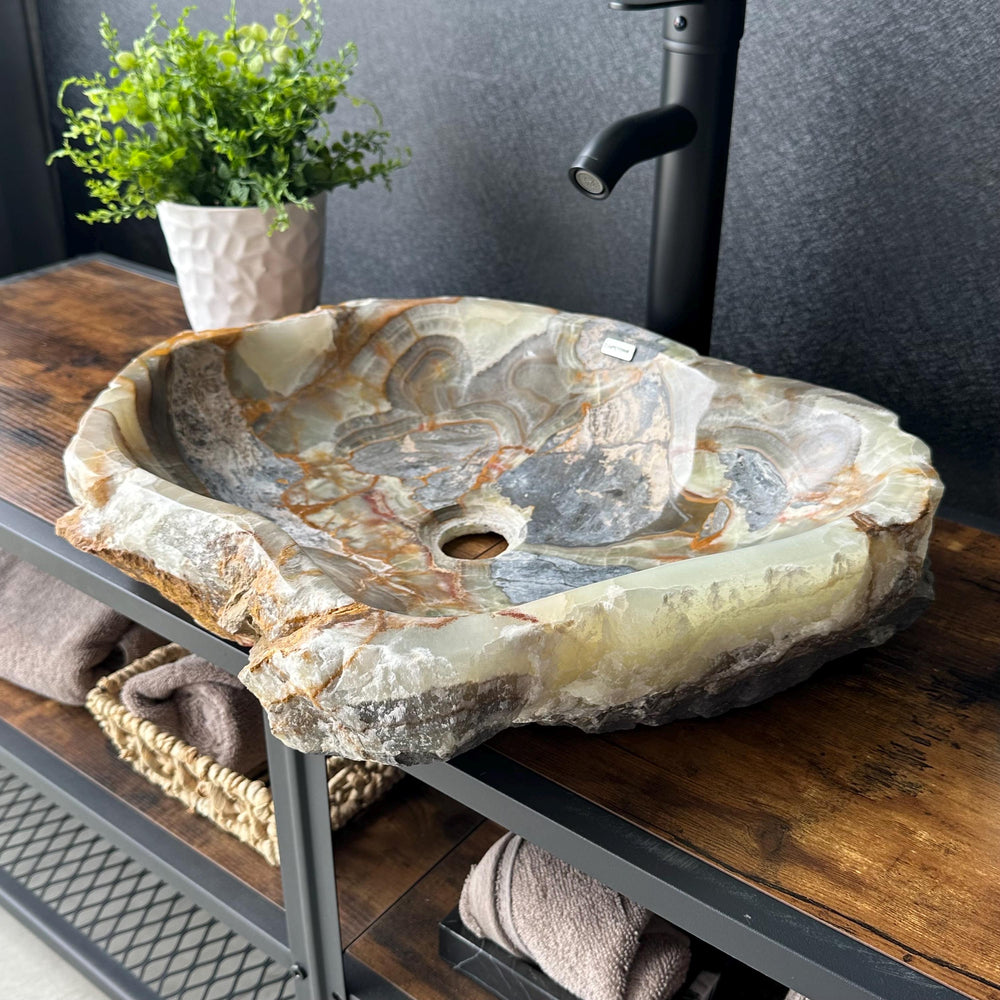 Rustic Green Onyx Bathroom Vessel Sink | Luxury Sink | Unique Hand Carved Onyx Vanity Sink – Natural Stone