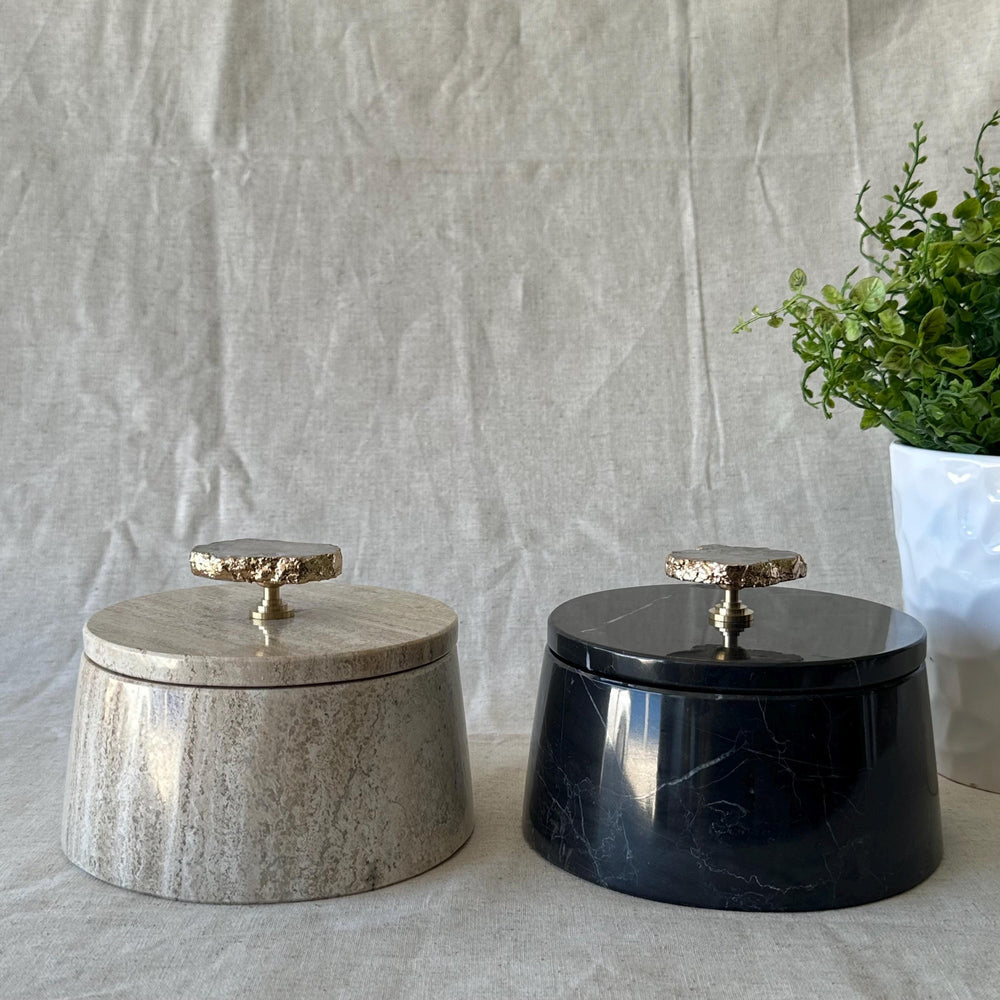 Marble & Travertine Storage Jar with Lid, Luxury Vanity Container, Knob Jewelry Box, Elegant Bathroom Decor, Coffee Table Accent