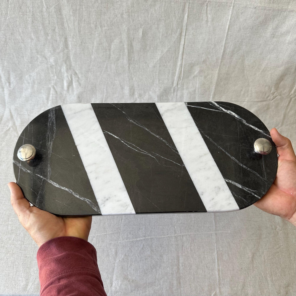 Striped Marble Serving Board with Handles – Modern Kitchen & Entertaining Tray | Charcuterie Board | Handcrafted Natural Stone Serving Tray