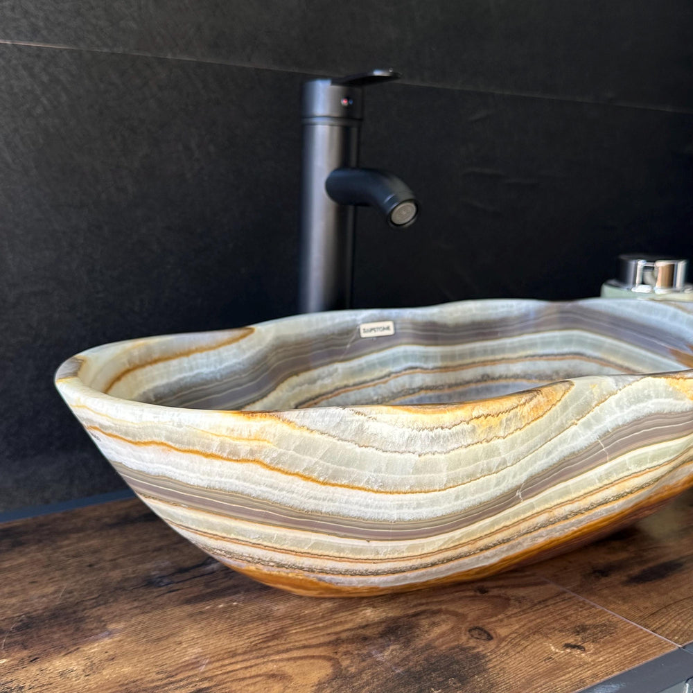 Banded Onyx Bathroom Vessel Sink | Luxury Sink | One-of-a-Kind Hand Carved Onyx Bowl Sink – Natural Stone Bathroom Basin