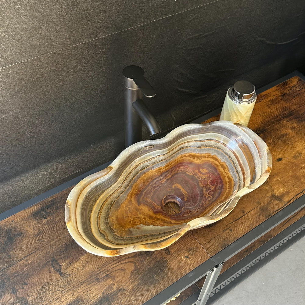 Banded Onyx Bathroom Vessel Sink | Luxury Sink | One-of-a-Kind Hand Carved Onyx Bowl Sink – Natural Stone Bathroom Basin