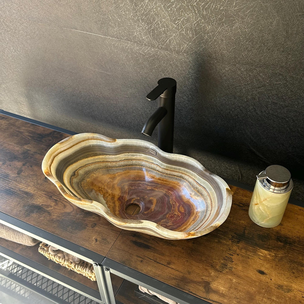 Banded Onyx Bathroom Vessel Sink | Luxury Sink | One-of-a-Kind Hand Carved Onyx Bowl Sink – Natural Stone Bathroom Basin
