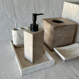 Beige Travertine Bathroom Set – 6 Piece Handmade Luxury Bath Accessories, Soap Dispenser, Tray, Toothbrush Holder, Tissue Box, Garbage Can
